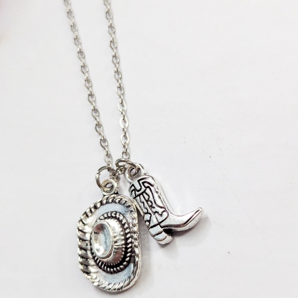Silver Western Cowboy Hat & Boot Necklace Dainty Coastal Cowgirl Jewelry - Picture 11 of 12